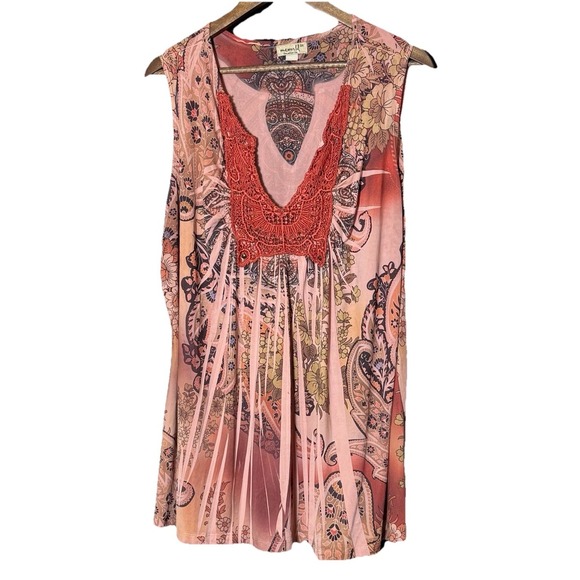 One World Top 3X Boho Red Embroidered Abstract Floral Blouse Tank Cottage Stretc - Picture 1 of 8
